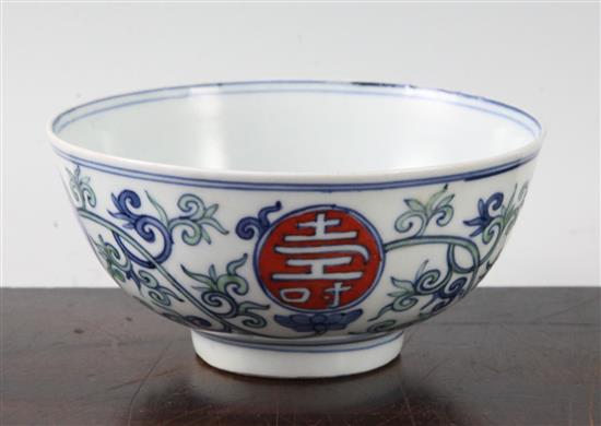 A Chinese doucai shou medallion bowl, bearing a Jiajing six character seal mark, 14cm